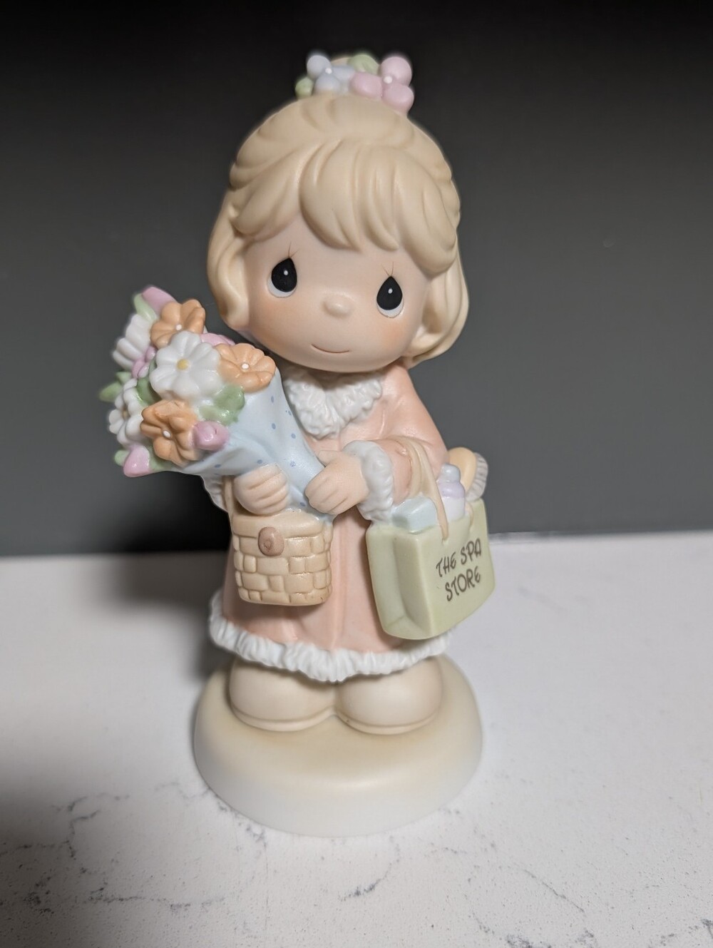 2002 Precious Moments Pastel Girl Figurine Holding Bouquet and Shopping Spa Bag